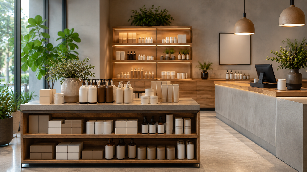 Nowoczesny lokal handlowy z uporządkowaną ekspozycją produktów, drewnianymi regałami, roślinami i ciepłym oświetleniem.